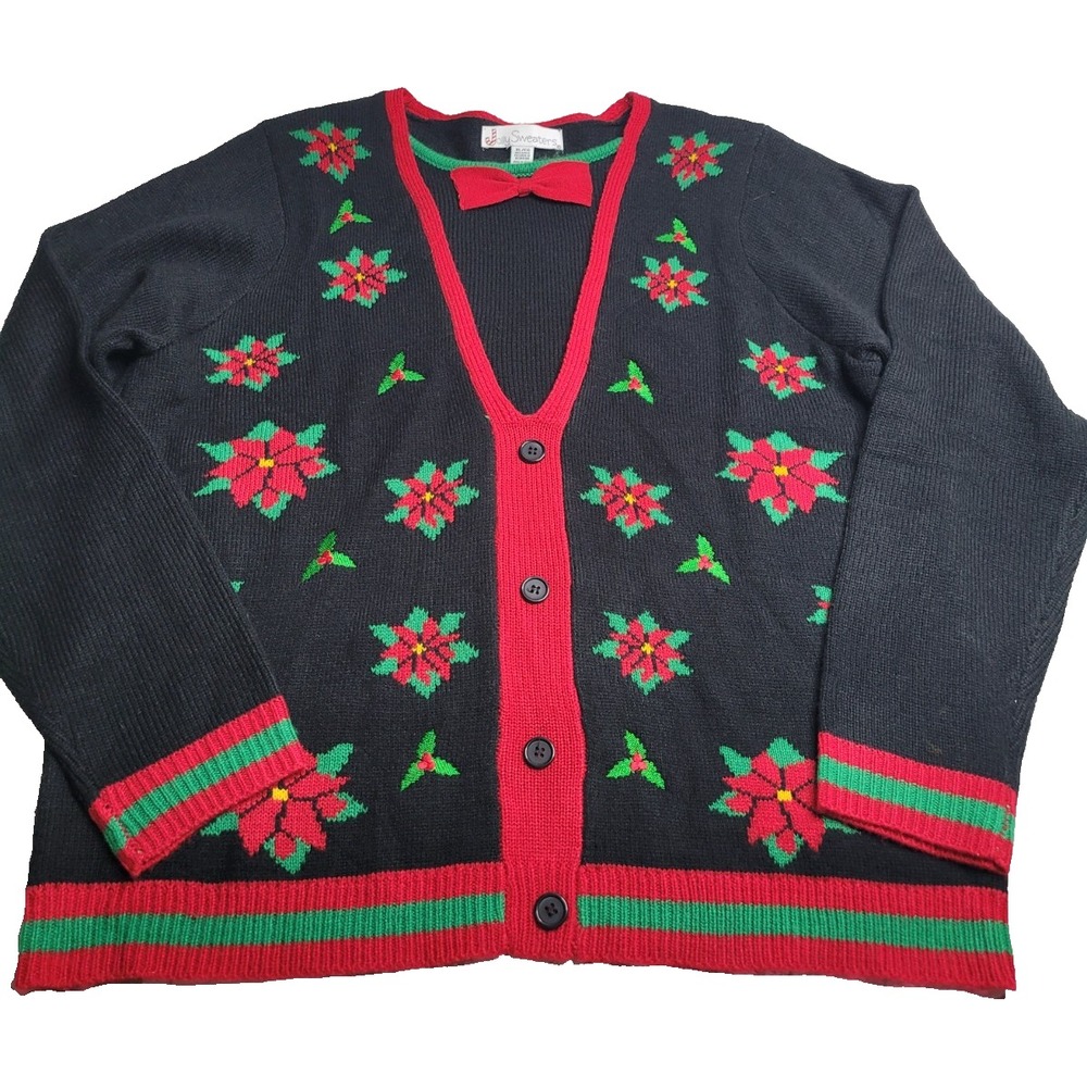 Jolly Sweaters women's size XL Black poinsettia Holiday ugly Christmas sweater
